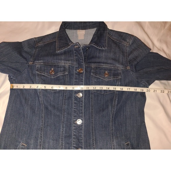 Chicos Long Denim Jacket Button Front Stretch Medium Women Size 1 - Picture 8 of 16